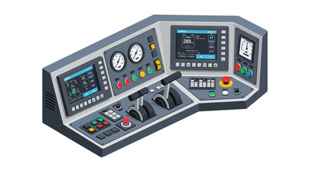 Fototapeta premium Advanced train control panel featuring digital interfaces and analog gauges