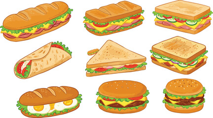 Sandwich and burger illustration, food variety grid, deli ingredients, sub rolls, wraps, cheeseburgers, culinary vector, menu design, hand-drawn food sketch