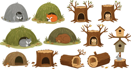 Animal shelter illustration, forest habitats, grassy mounds, tree trunks, birdhouse, sleeping animals, wildlife vector, nature scene, hand-drawn sketch, ecosystem design © Masum Creatives