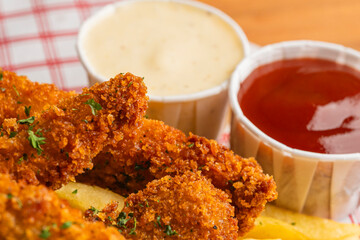 Closeup of fried chicken sticks with ketchup and cheese sauce