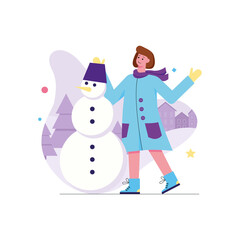 Cartoon Woman in Blue Coat Building a Snowman in Winter Scene with Purple Trees and Houses Vector Illustration