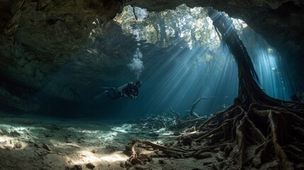 Sunlight underwater cave diving
