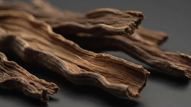 Close Up Of Dried Brown Burdock Root On A Dark Surface With Detailed Texture And Natural Markings Studio Shot