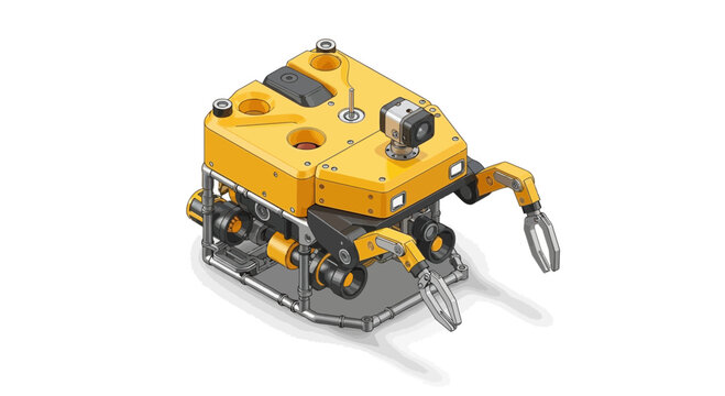 Isometric illustration of a yellow remotely operated underwater vehicle ROV