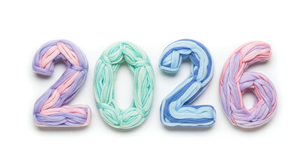 Naklejka premium 2026 Number Made of Pastel Wool Yarn on Clean White Background