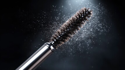 An Up-Close View of a Mascara Brush with Glittering Particles Against a Dark Background, Capturing the Essence of Beauty and Glamour in Cosmetic Products