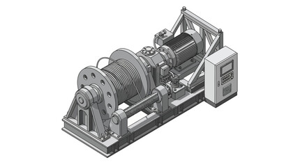 Isometric view of an industrial winch system, with electrical components