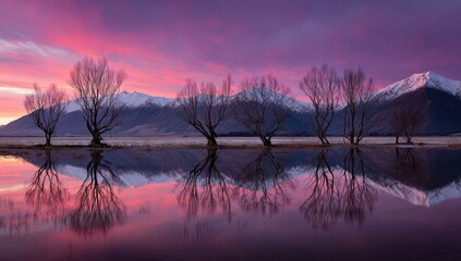 Silhouetted trees reflected on a tranquil lake against a vibrant, colorful sunrise with snowy mountains