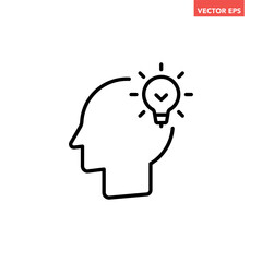 Black single head with bulb line icon, simple head thinking symbol flat design infographic pictogram vector for app logo ads web button ui ux interface elements isolated on white background