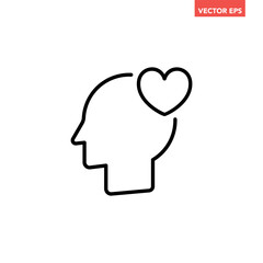 Black single love feeling in brain line icon, simple head with heart flat design vector pictogram, infographic interface elements for app logo web button ui ux isolated on white background