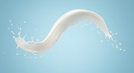 Flowing white liquid forms a graceful, wavy arc against a soft blue backdrop, creating a dynamic and elegant visual with splashes and droplets.