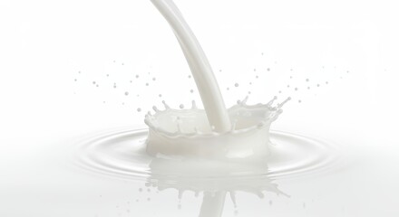 Fresh white liquid cascades from above, forming a splash and crown, with ripples spreading across the smooth surface, creating a dynamic and elegant composition.