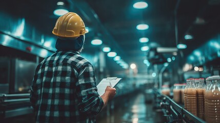 Food safety inspection process industrial kitchen photo dimly lit environment perspective view quality control
