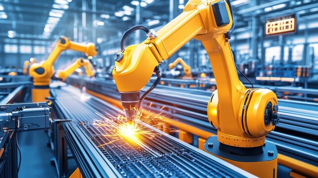 Robotic arm wielding a welding torch carrying out precision metalworking tasks in an advanced industrial factory setting