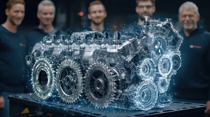 Innovative engine design and development industrial workshop 3d visualization high-tech environment close-up perspective