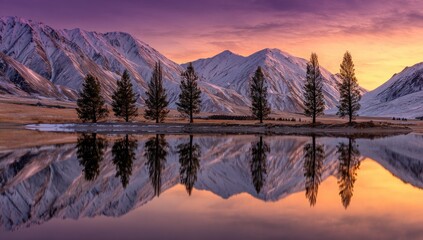 Dawn over snow-capped mountains, trees perfectly mirrored in calm lake water