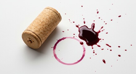 composition showcases a wine cork next to a spill of deep red liquid with a circular stain, set against a clean, bright white backdrop highlighting texture and detail.