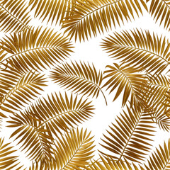 Obraz premium Golden palm leaves on black background, scattered texture