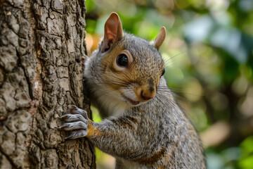 Obraz premium Squirrel Climbing rough tree bark in sunlit woodland staring directly at camera with expressive eyes and paws