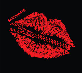 Vector illustration of red lips with a zipper across them and “Shhhhhh!” text. Symbolic design representing silence, secrecy, and mystery.