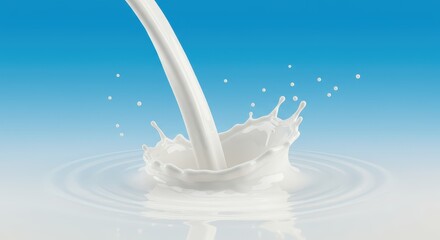 Flowing white liquid creates a dynamic splash and crown formation, showcasing ripples on the surface and droplets suspended in the air, set against a gradient blue background, emphasizing freshness.