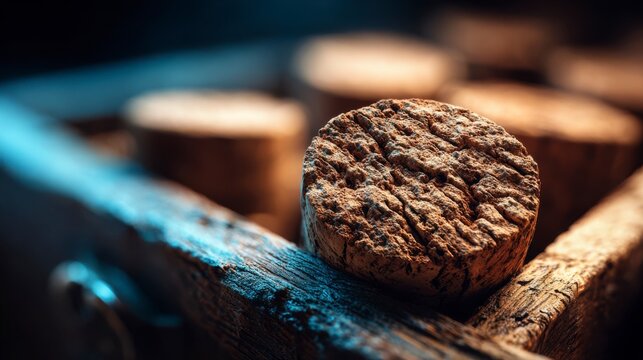 Close-Up View of Natural Wooden Discs Sitting in a Rustic Wooden Box, Highlighting the Textures and Natural Patterns of the Wood