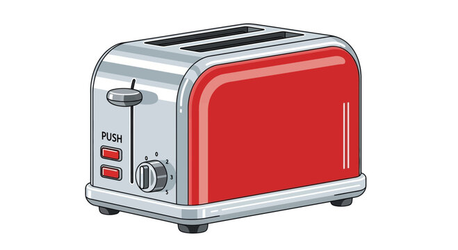 Cartoon illustration of a retro-styled red and silver toaster appliance