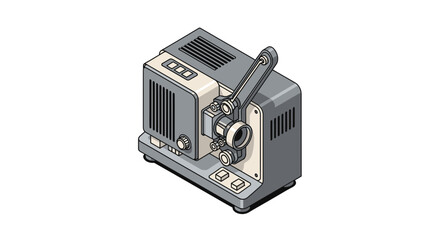Detailed isometric illustration of retro film projector on white backdrop