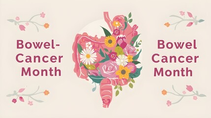 Bowel cancer awareness month concept vector. Medical event is observed in April. Human intestine on boho floral background. Tropical flowers and leaves