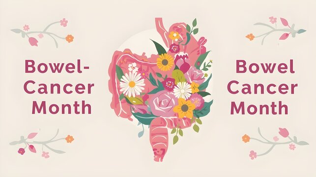 Bowel cancer awareness month concept vector. Medical event is observed in April. Human intestine on boho floral background. Tropical flowers and leaves