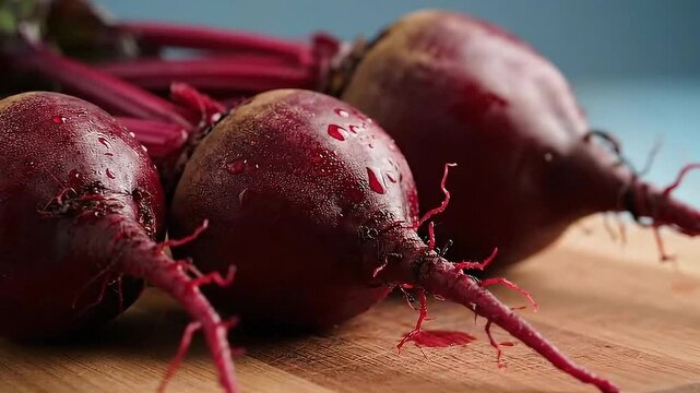 Close Up Of Three Beets With Vibrant Red Color And Water Droplets Displayed On Wooden Cutting Board Against A Soft Blue Background With Natural Lighting