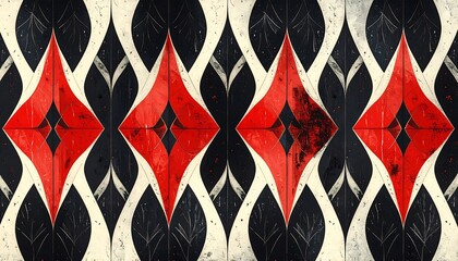 Abstract, repeating red diamond shapes on a dark and white patterned background