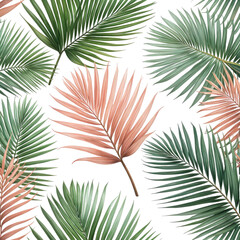 Lush tropical palm leaves in green & coral on a black background