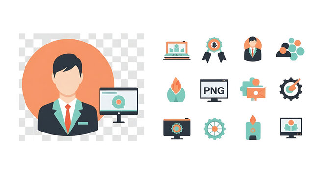 Modern flat design icon set for business, technology, and digital marketing concepts, illustrating various aspects of online work, productivity, and professional services