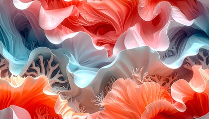 Abstract swirling textures of coral, white, and blue color scheme