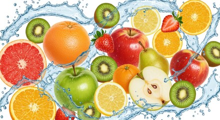Freshly sliced fruit assortment splashes with water, featuring oranges, apples, kiwis, strawberries, lemon, and pears, against a clean white backdrop, creating a refreshing visual of hydration and...