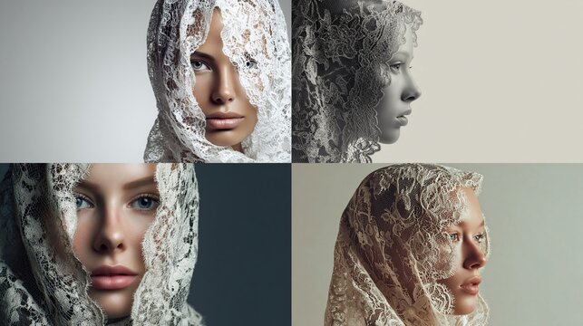 Compilation of four images featuring a fair-skinned woman veiled in delicate white lace, in various poses