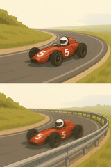 Vintage red race car speeding on curved road driver in helmet retro motorsport illustration showing motion and classic racing atmosphere