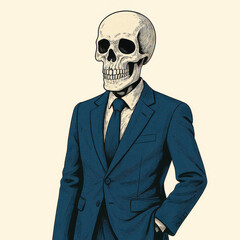 skeleton wearing business suit and tie symbolizing dark humor corporate life and gothic fashion concept