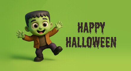 Cute Cartoon Boy Dressed as a Monster Dancing with the Words Happy Halloween