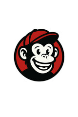 Cartoon monkey face logo wearing red cap cheerful mascot character design for brand or sports team emblem
