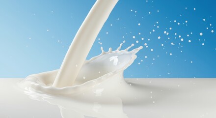 Flowing liquid creates a dynamic splash, the pristine white stream descends into a pool of the same substance against a gradient blue background, showcasing a clean, refreshing visual effect.