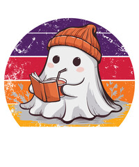 Kawaii Cozy Ghost Reading and Drinking Coffee Retro Aesthetic Drawing