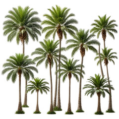 Dense group of tropical palm trees with green leaves