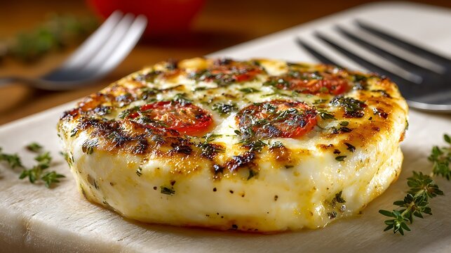 Argentinian provoleta isolated on a light ceramic board, grilled cheese disk decorated with oregano and tomato