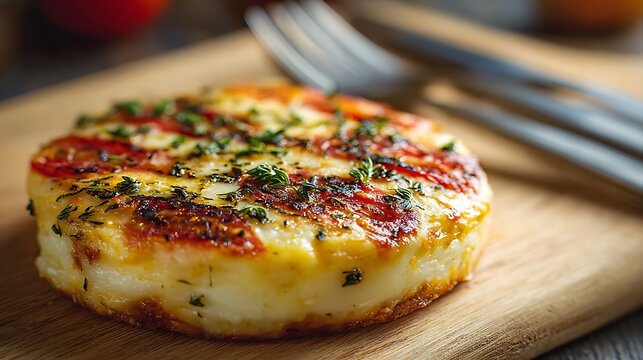 Argentinian provoleta isolated on a light ceramic board, grilled cheese disk decorated with oregano and tomato