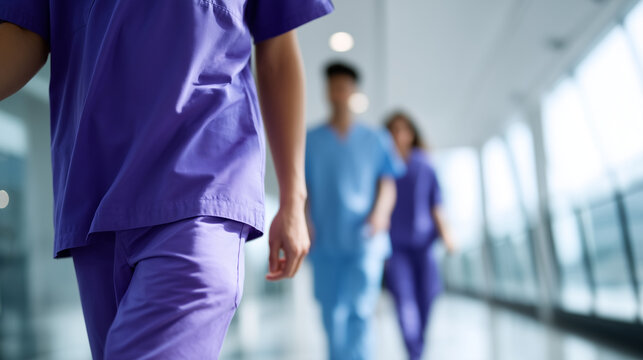 Healthcare professionals in scrubs walking in hospital, teamwork in modern medicine healthcare professionals scrubs, hospital teamwork, doctors nurses walking, medical staff corrid