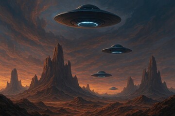 Futuristic UFOs Over Alien Landscape