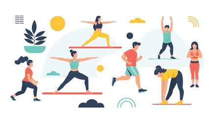 Diverse group of people staying active, performing various exercises like yoga, running, and stretching, promoting a healthy and energetic lifestyle through fitness and movement