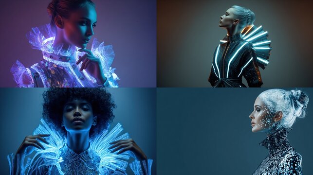 Four portraits of diverse models, each showcasing futuristic fashion with illuminated neckwear & futuristic aesthetics